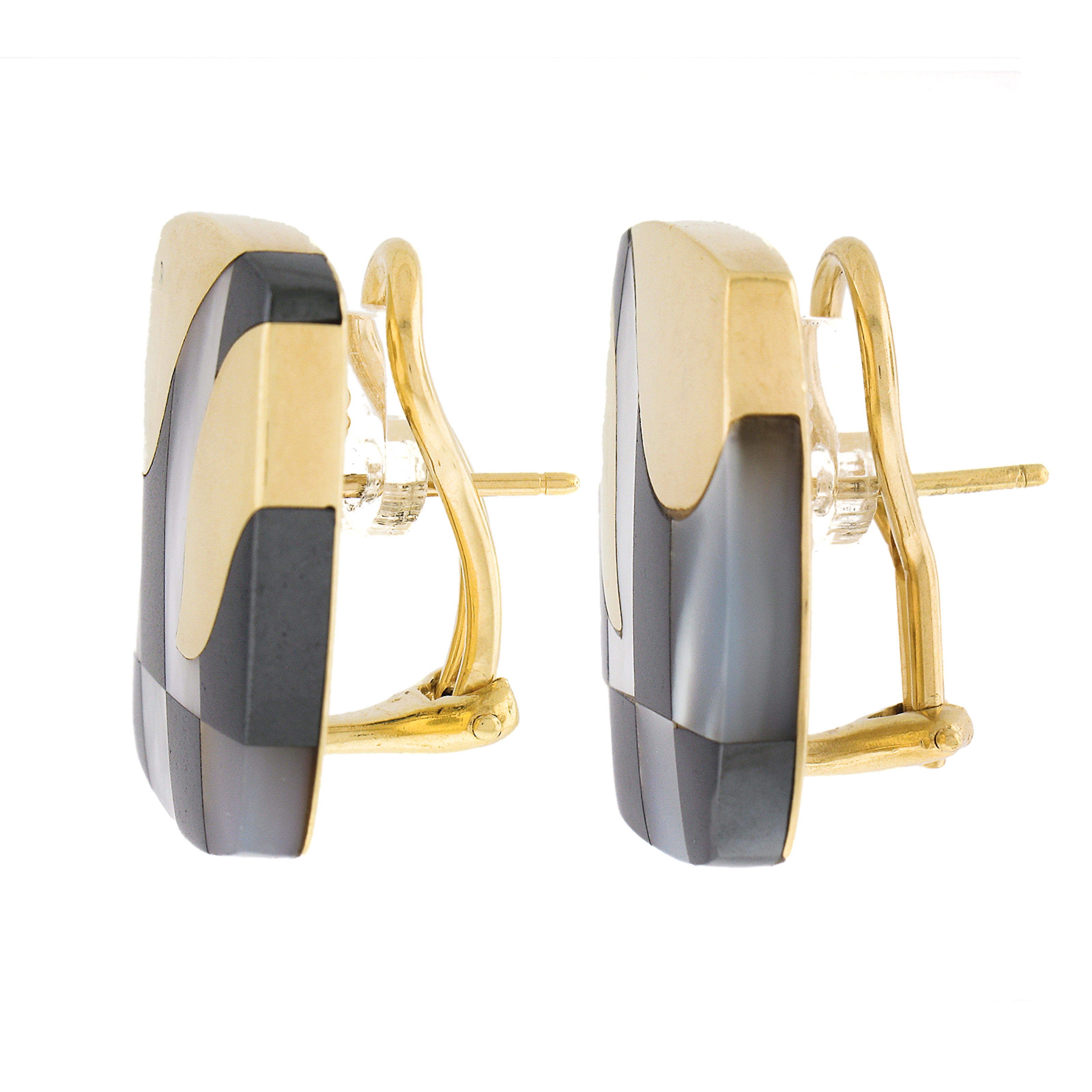 Square Cut Tiffany & Co. 18k Gold Inlaid Mop and Onyx Checkerboard Pattern Cushion Earrings