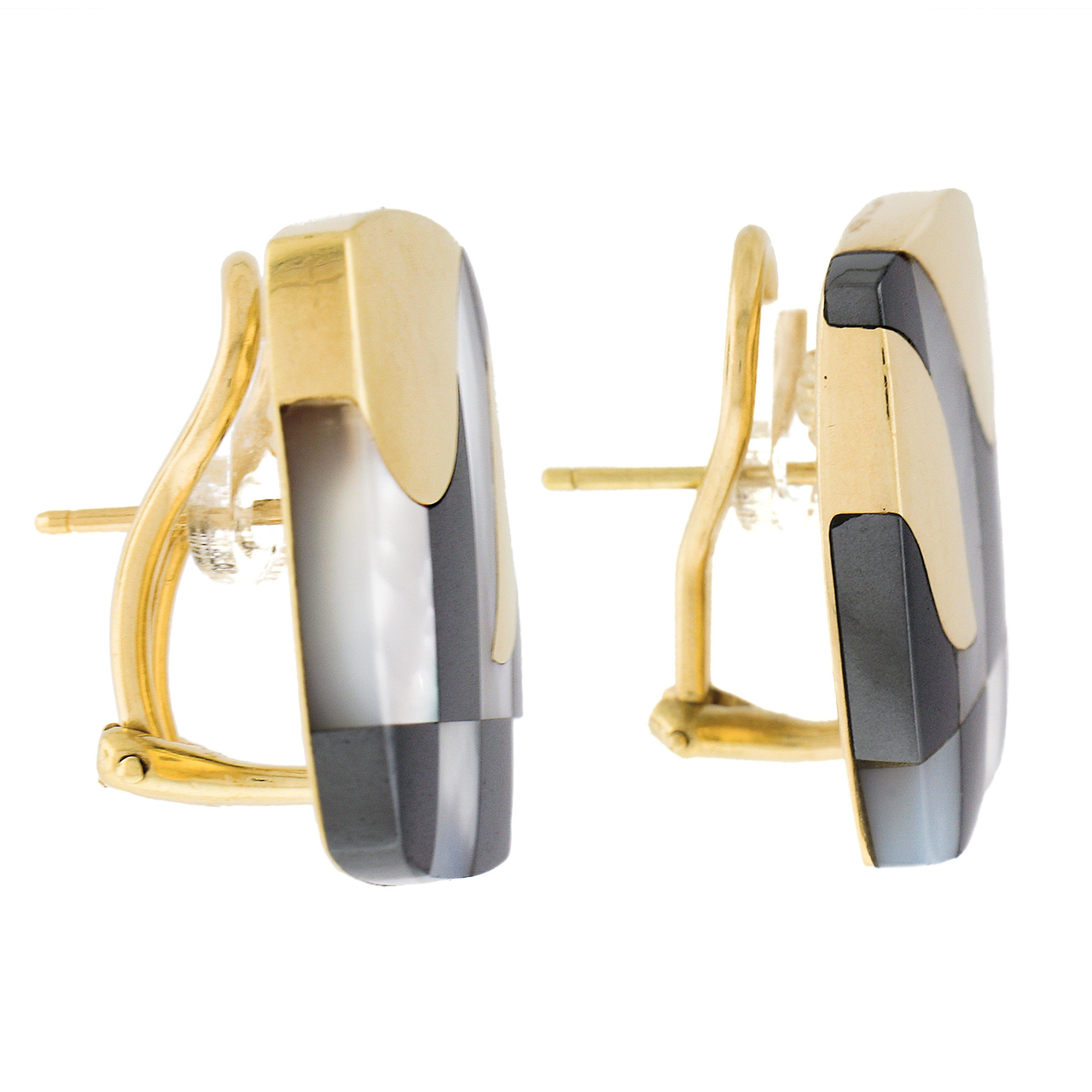 Tiffany & Co. 18k Gold Inlaid Mop and Onyx Checkerboard Pattern Cushion Earrings In Excellent Condition In Montclair, NJ