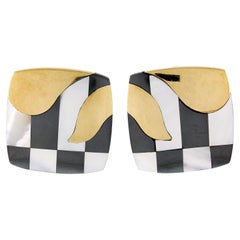 Tiffany & Co. 18k Gold Inlaid Mop and Onyx Checkerboard Pattern Cushion Earrings