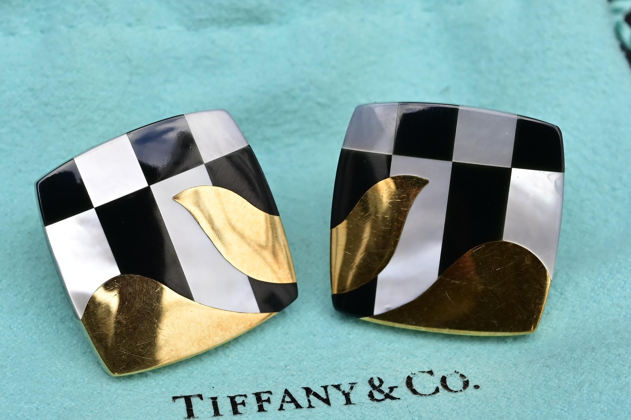 Square Cut Tiffany Co. 18k Gold Inlaid MOP Onyx Checkerboard Pattern Cushion Earrings
