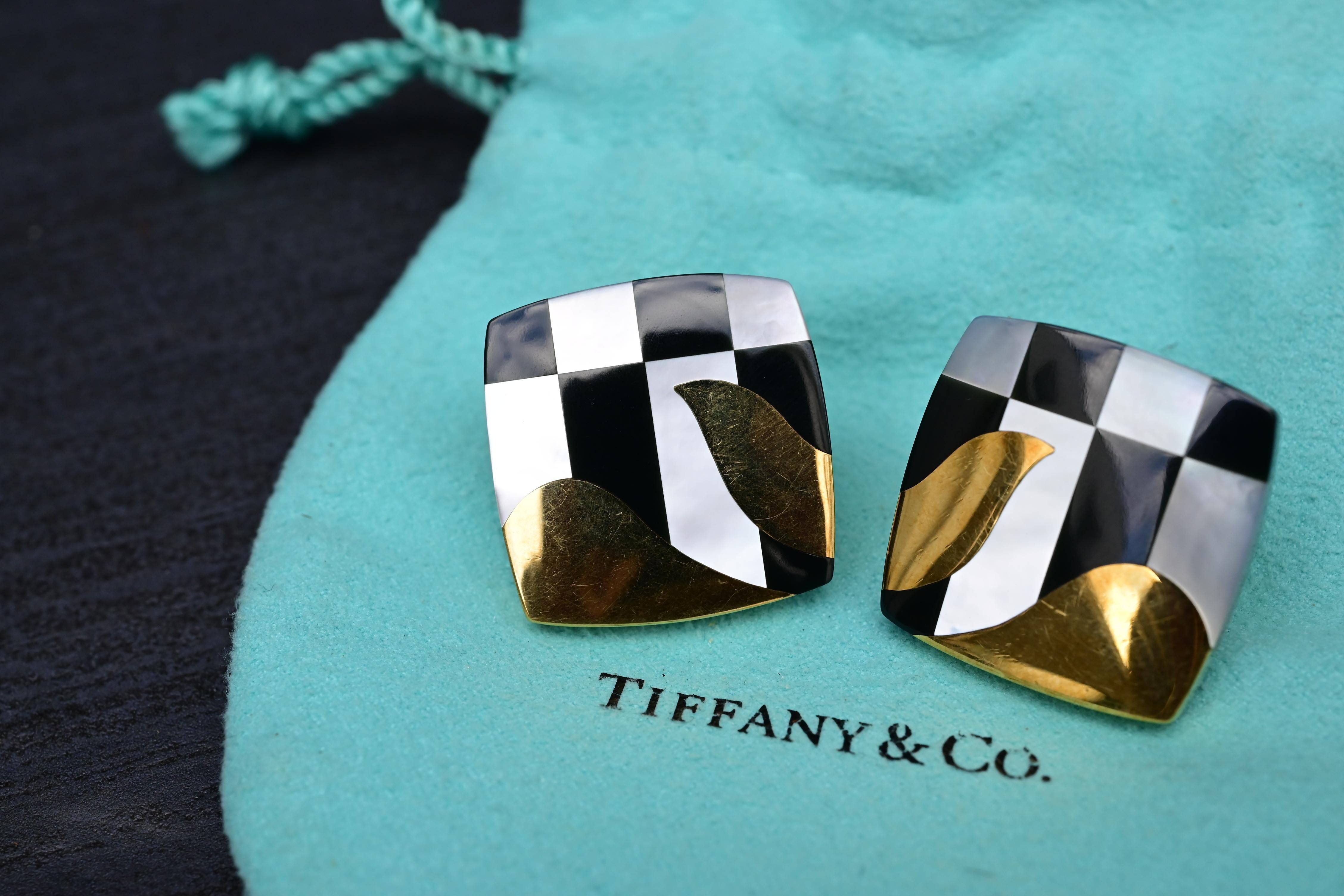 Tiffany Co. 18k Gold Inlaid MOP Onyx Checkerboard Pattern Cushion Earrings In Good Condition In Media, PA
