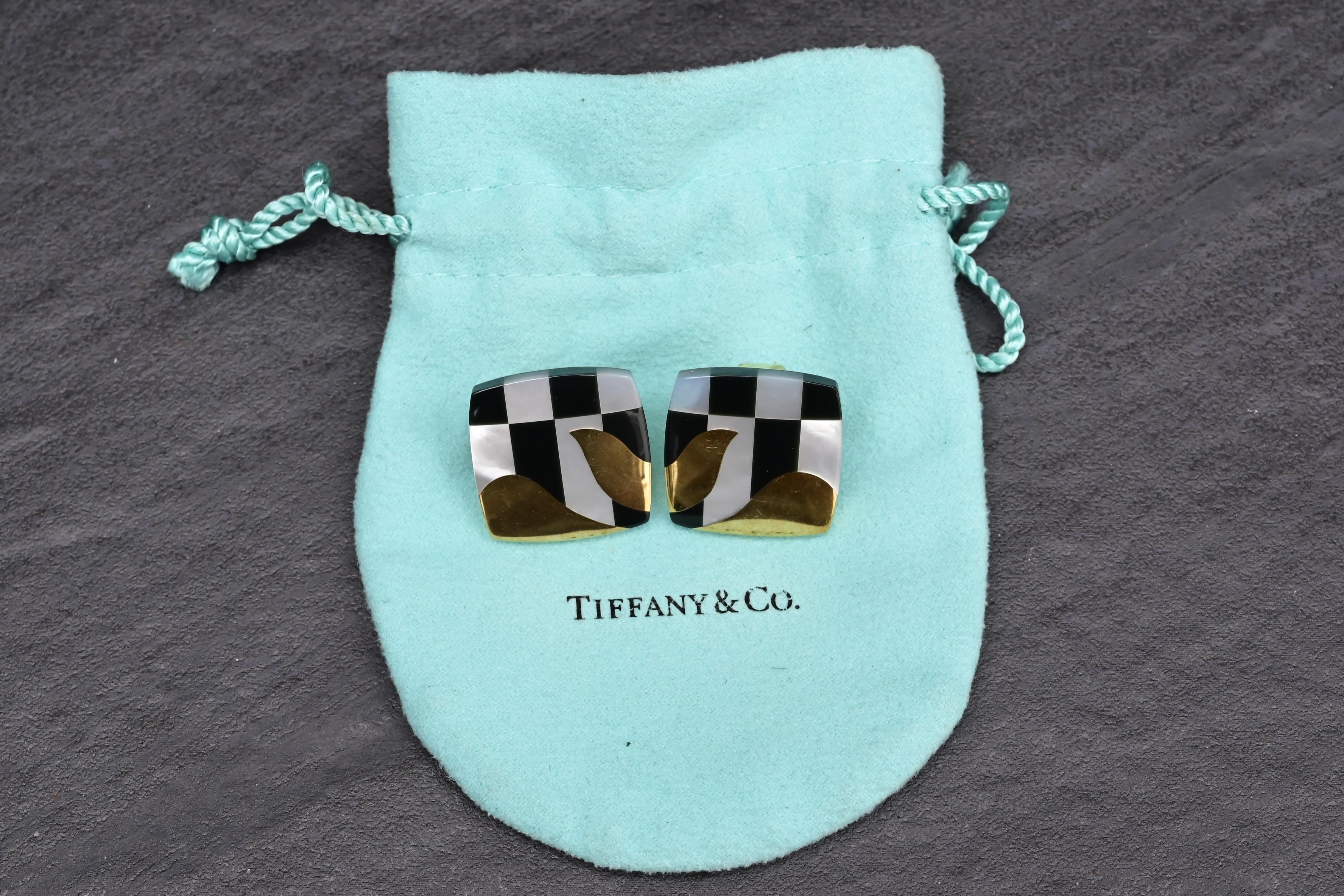 Women's Tiffany Co. 18k Gold Inlaid MOP Onyx Checkerboard Pattern Cushion Earrings