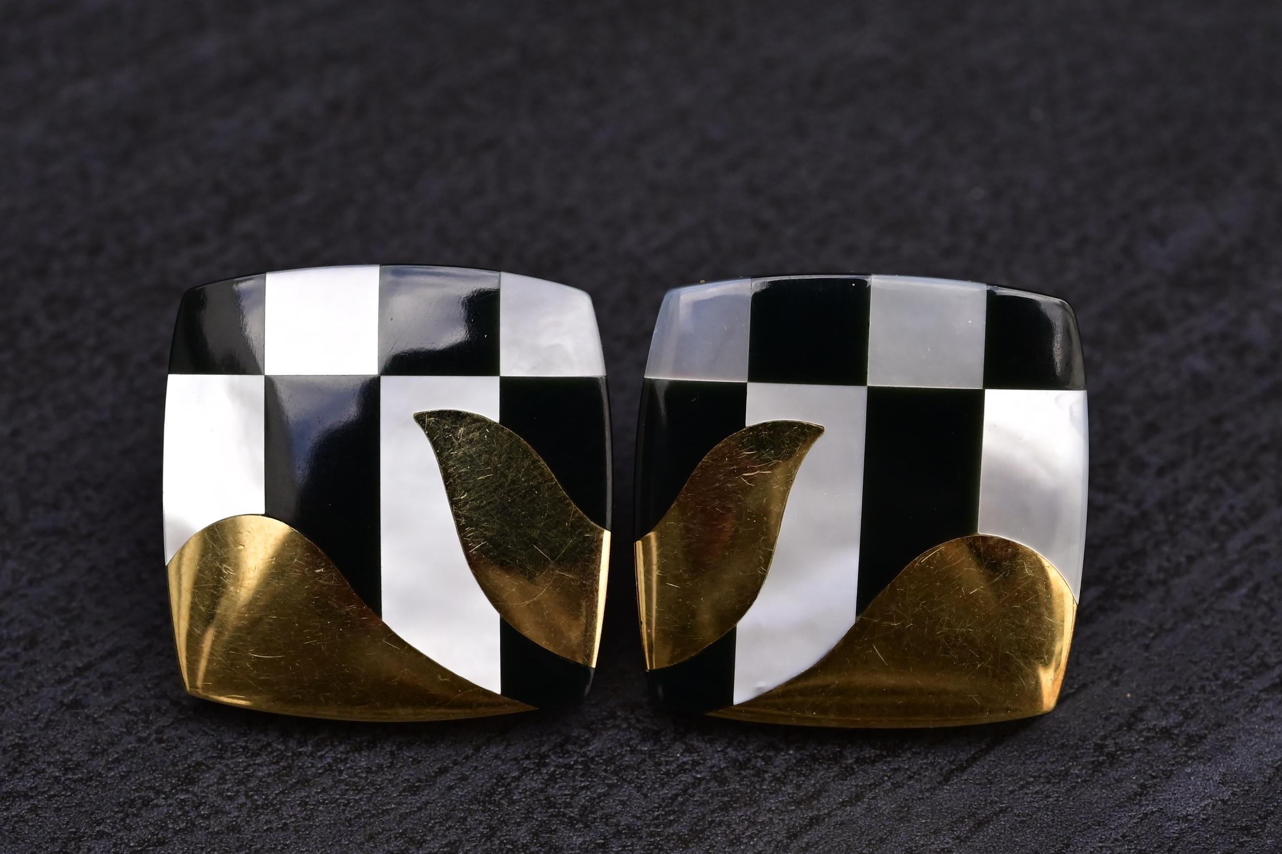 Tiffany Co. 18k Gold Inlaid MOP Onyx Checkerboard Pattern Cushion Earrings 1