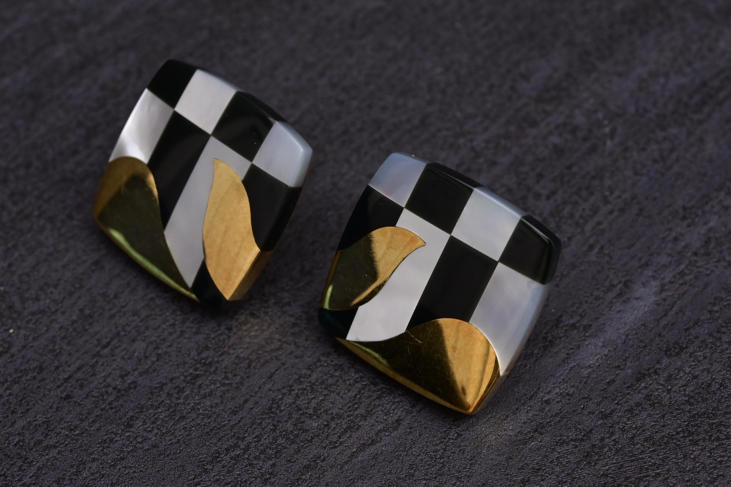 Tiffany Co. 18k Gold Inlaid MOP Onyx Checkerboard Pattern Cushion Earrings 2