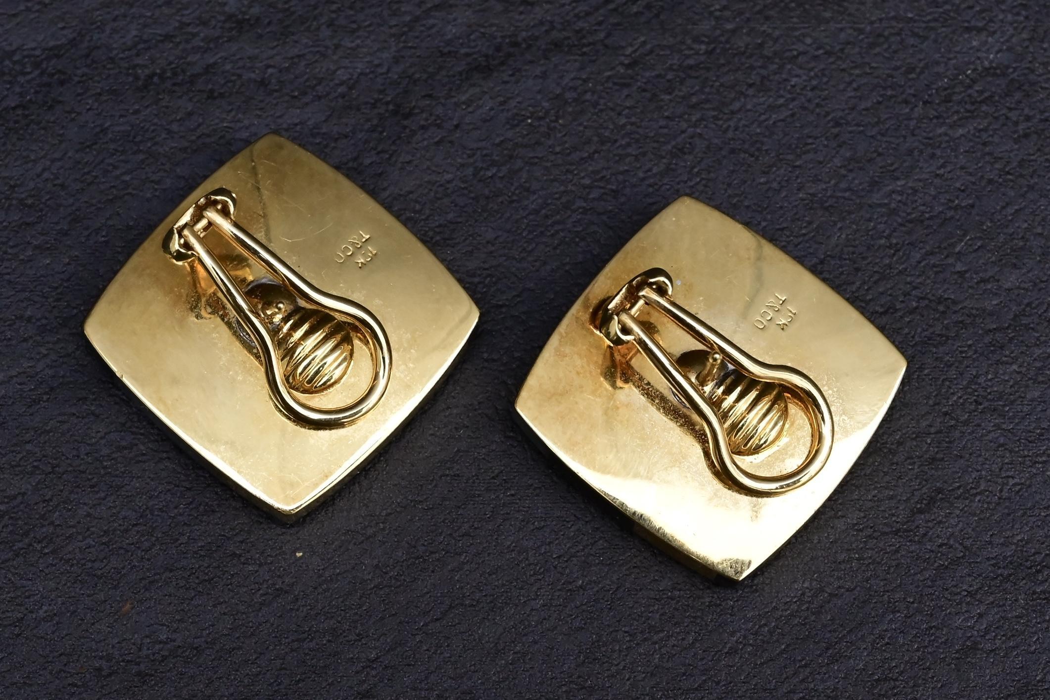 Tiffany Co. 18k Gold Inlaid MOP Onyx Checkerboard Pattern Cushion Earrings 3