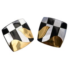 Tiffany Co. 18k Gold Inlaid MOP Onyx Checkerboard Pattern Cushion Earrings