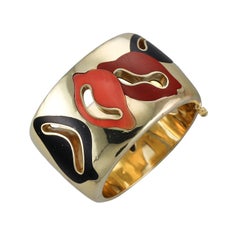 Tiffany & Co 18k Gold Inlay Coral Black Jade Jasper Wide Bangle Bracelet
