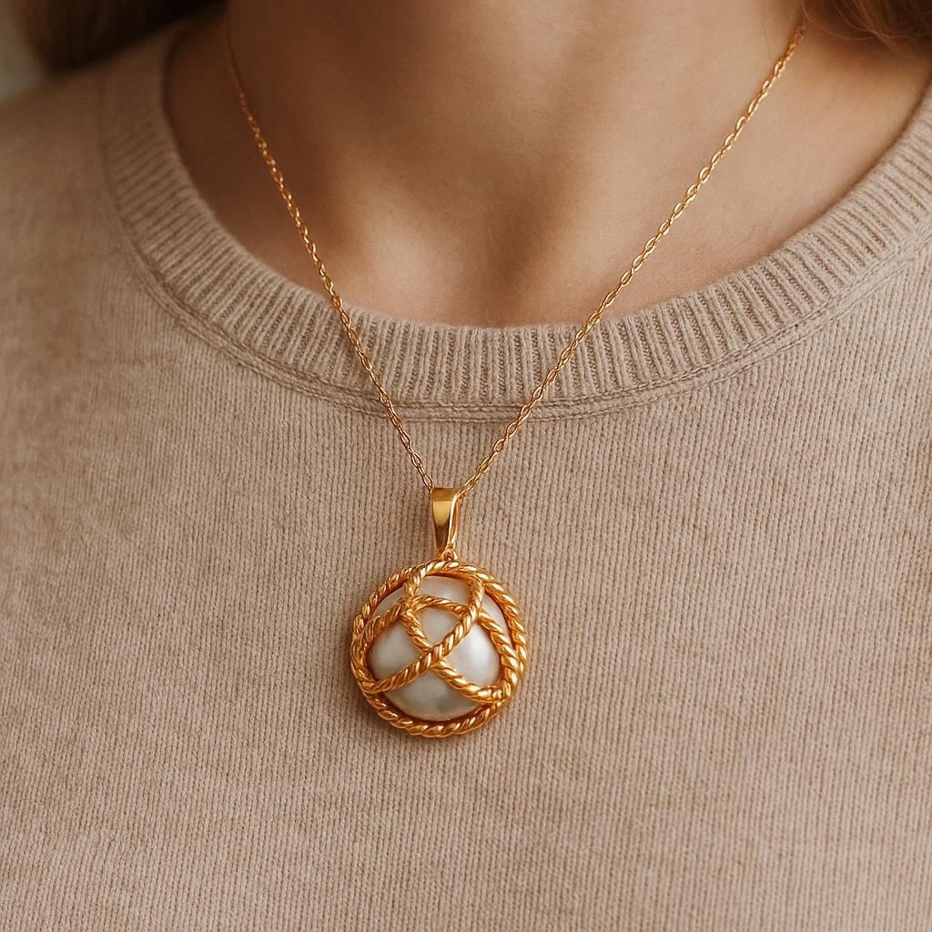Women's Tiffany Co 18K Gold Mabe Pearl Ribbed Gold Pendant Necklace For Sale