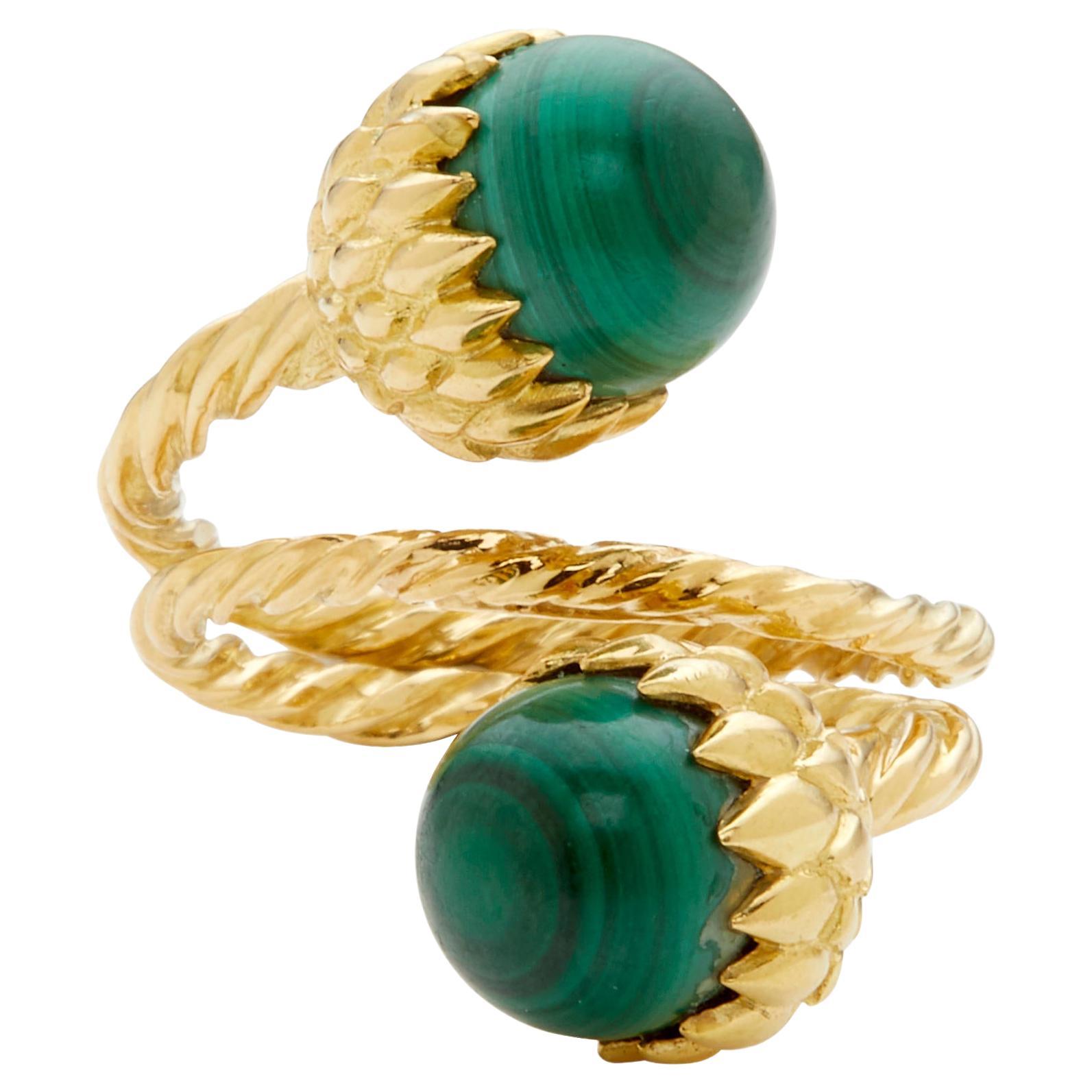 Tiffany & Co 18k Gold Malachite Acorn Bypass Ring by Jean Schlumberger, Size 8
