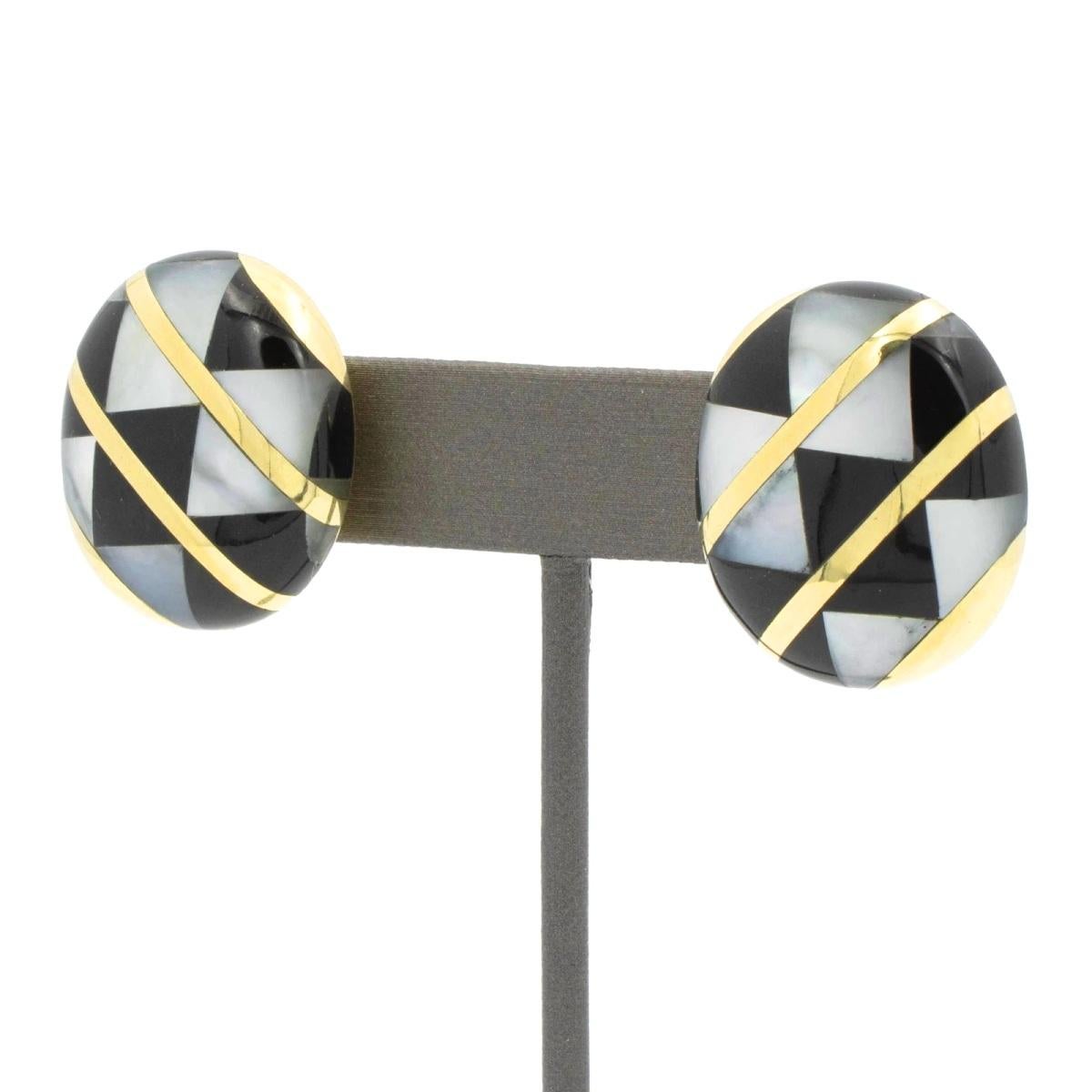 Uncut TIFFANY & Co. 18K Gold Onyx Mother of Pearl Earrings For Sale
