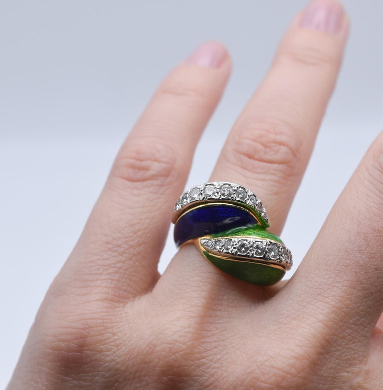 Tiffany and Co. 18k Gold Paillonné Enamel and Diamond Twist Ring For ...