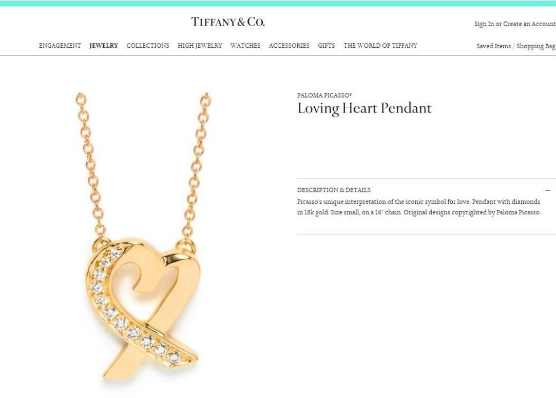 TIFFANY & Co. 18K Gold Paloma Picasso Diamond Loving Heart Pendant Necklace For Sale 2