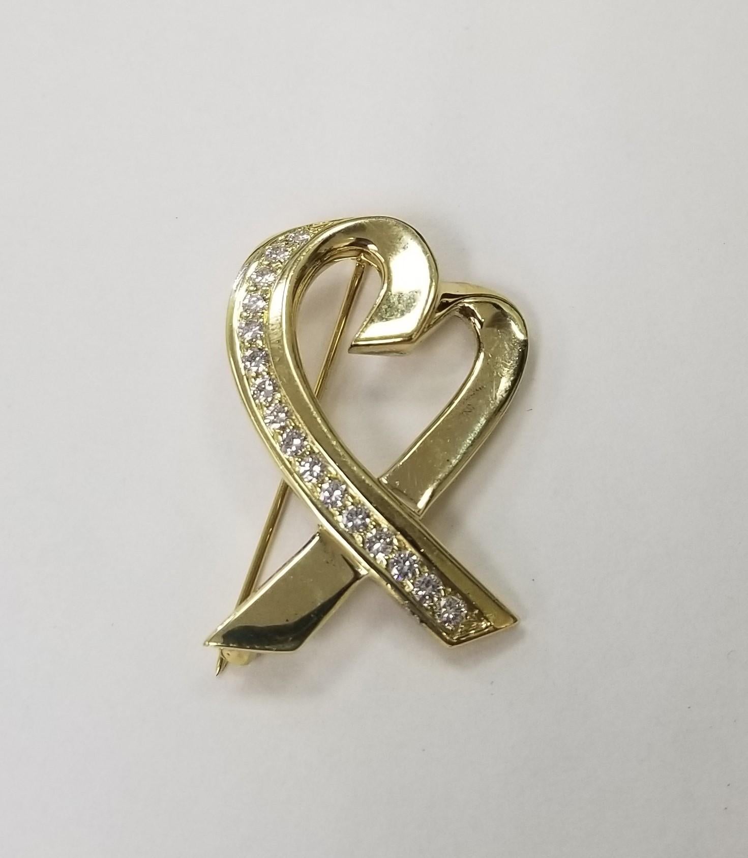 Round Cut Tiffany & Co. 18K Gold Paloma Picasso Valent Heart Diamond Pin Brooch For Sale