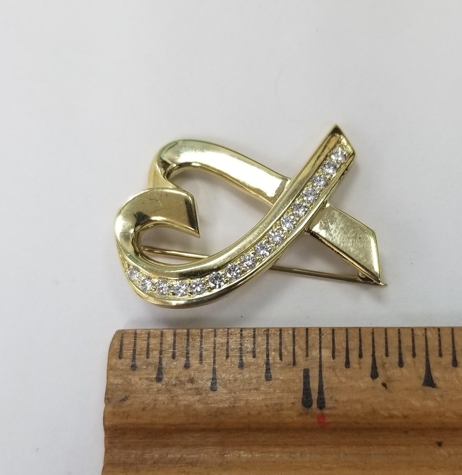 Tiffany & Co. 18K Gold Paloma Picasso Valent Heart Diamond Pin Brooch In Excellent Condition For Sale In Los Angeles, CA