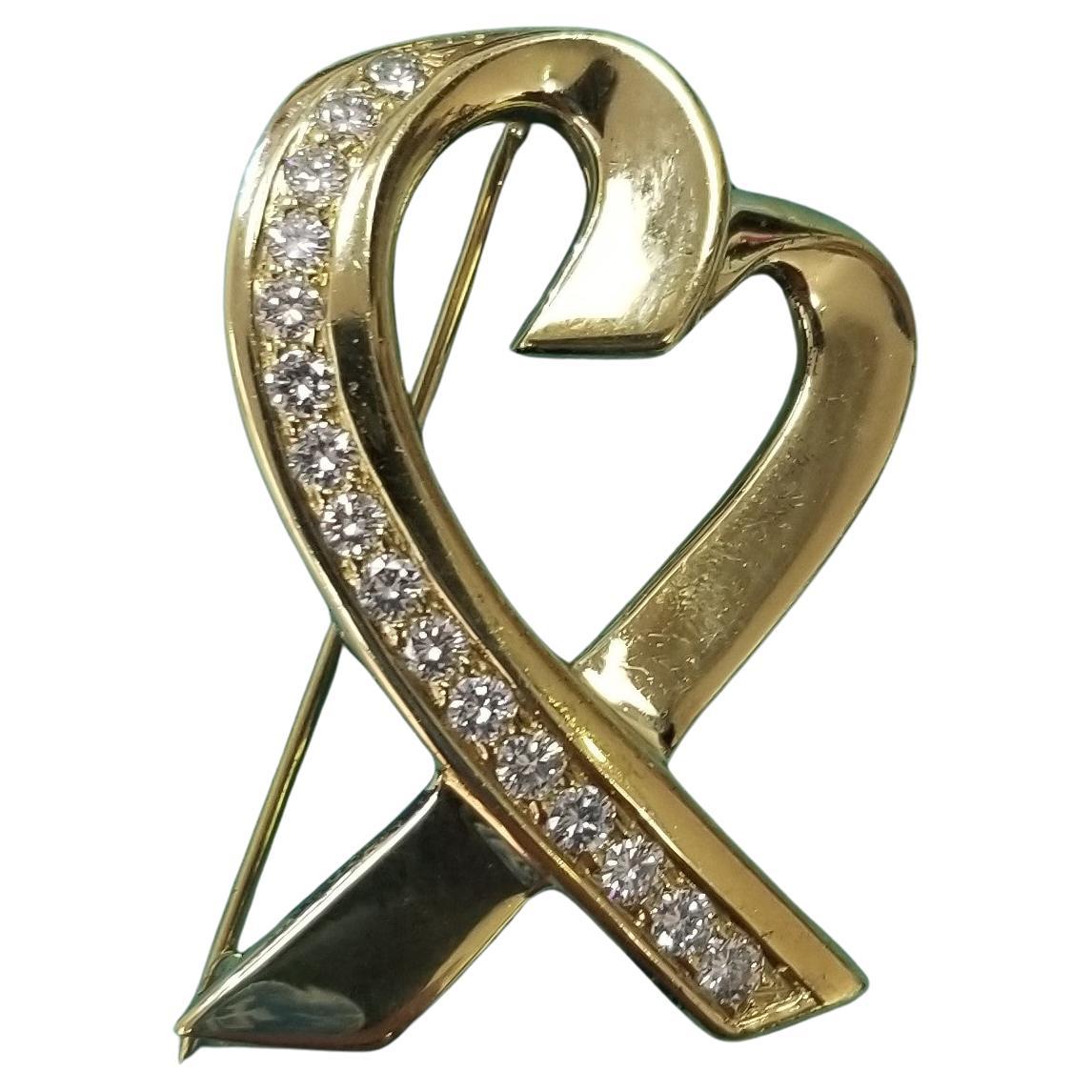 Tiffany & Co. 18K Gold Paloma Picasso Valent Heart Diamond Pin Brooch For Sale