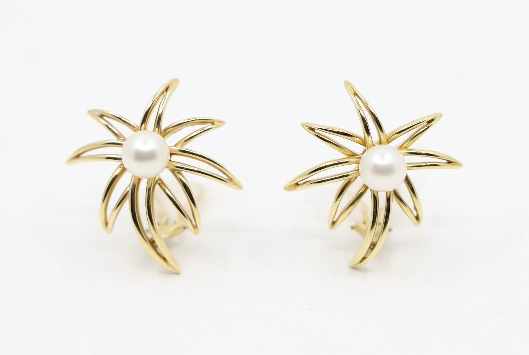 Round Cut Tiffany & Co. 18K Gold & Pearl Firework Earrings For Sale