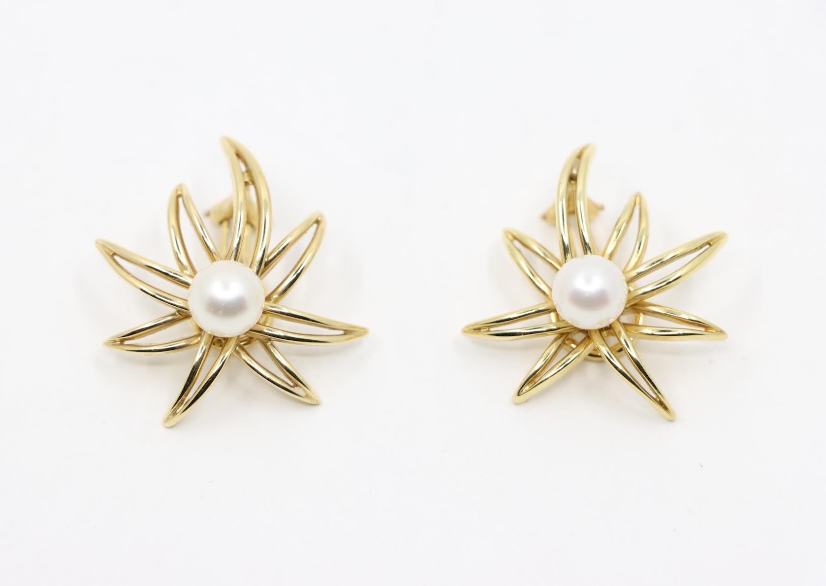 Tiffany & Co. 18K Gold & Pearl Firework Earrings In Good Condition For Sale In Flushing, NY