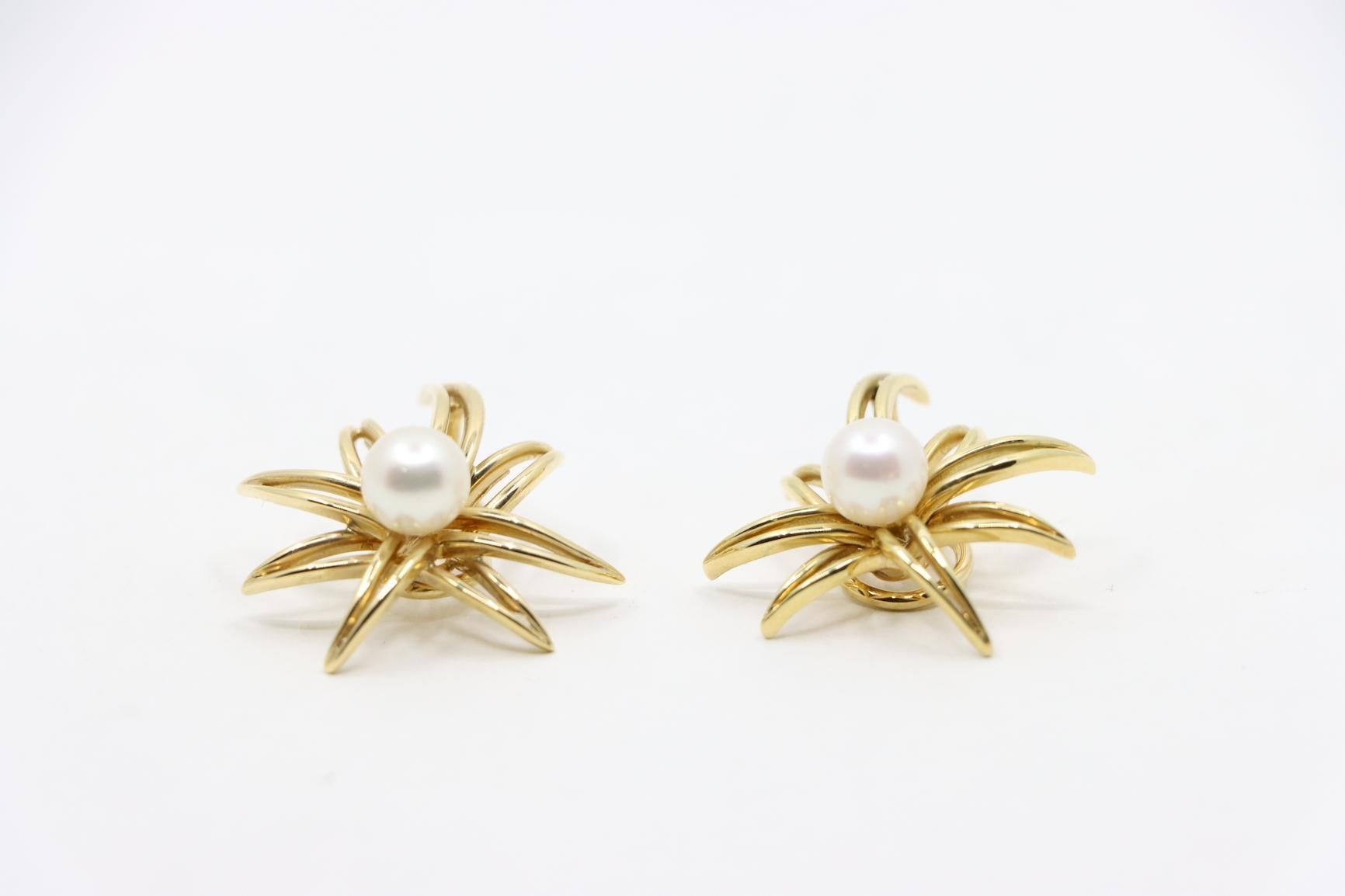 Women's or Men's Tiffany & Co. 18K Gold & Pearl Firework Earrings For Sale