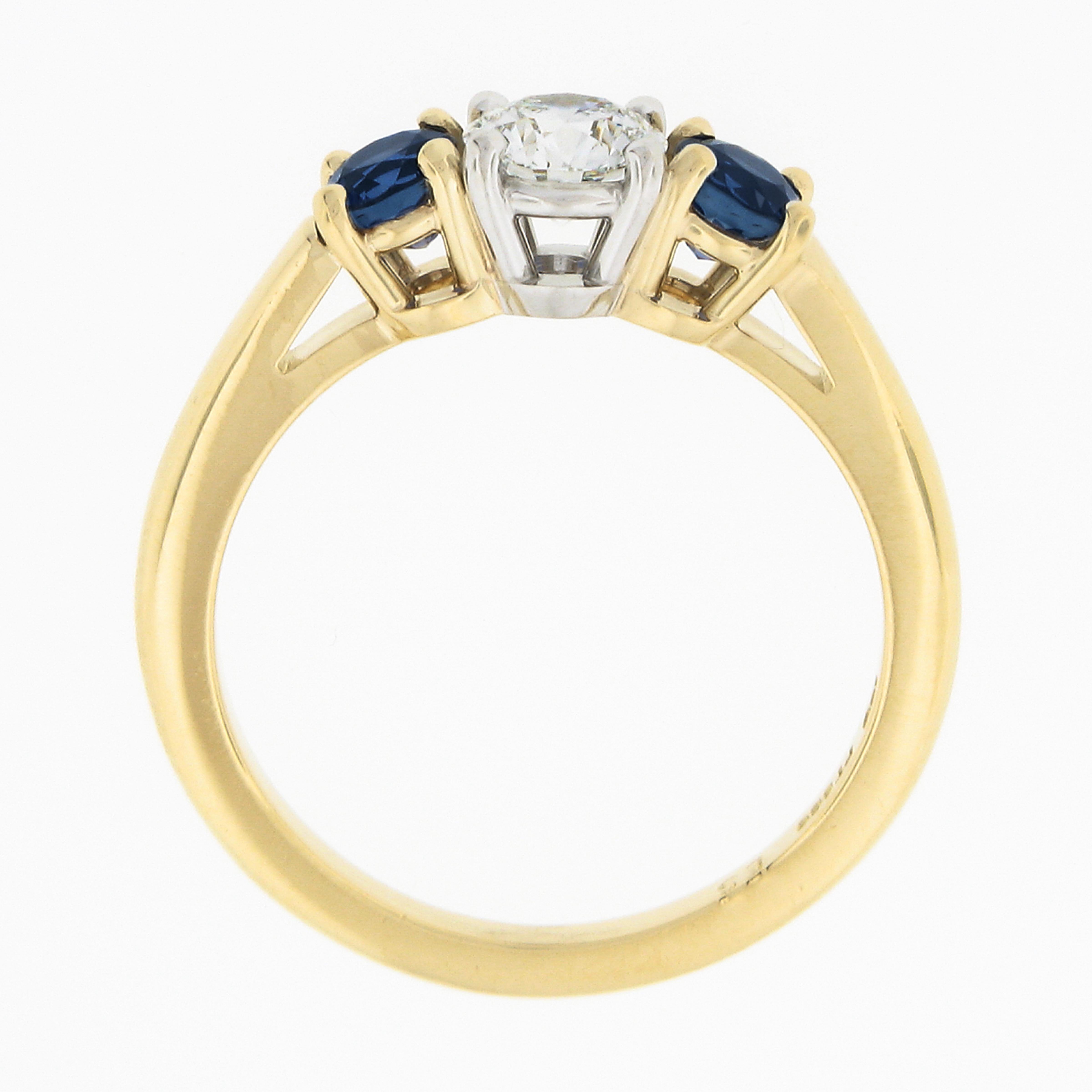 Round Cut Tiffany & Co. 18k Gold Plat 0.95ct Round Prong Diamond Sapphire Three Stone Ring