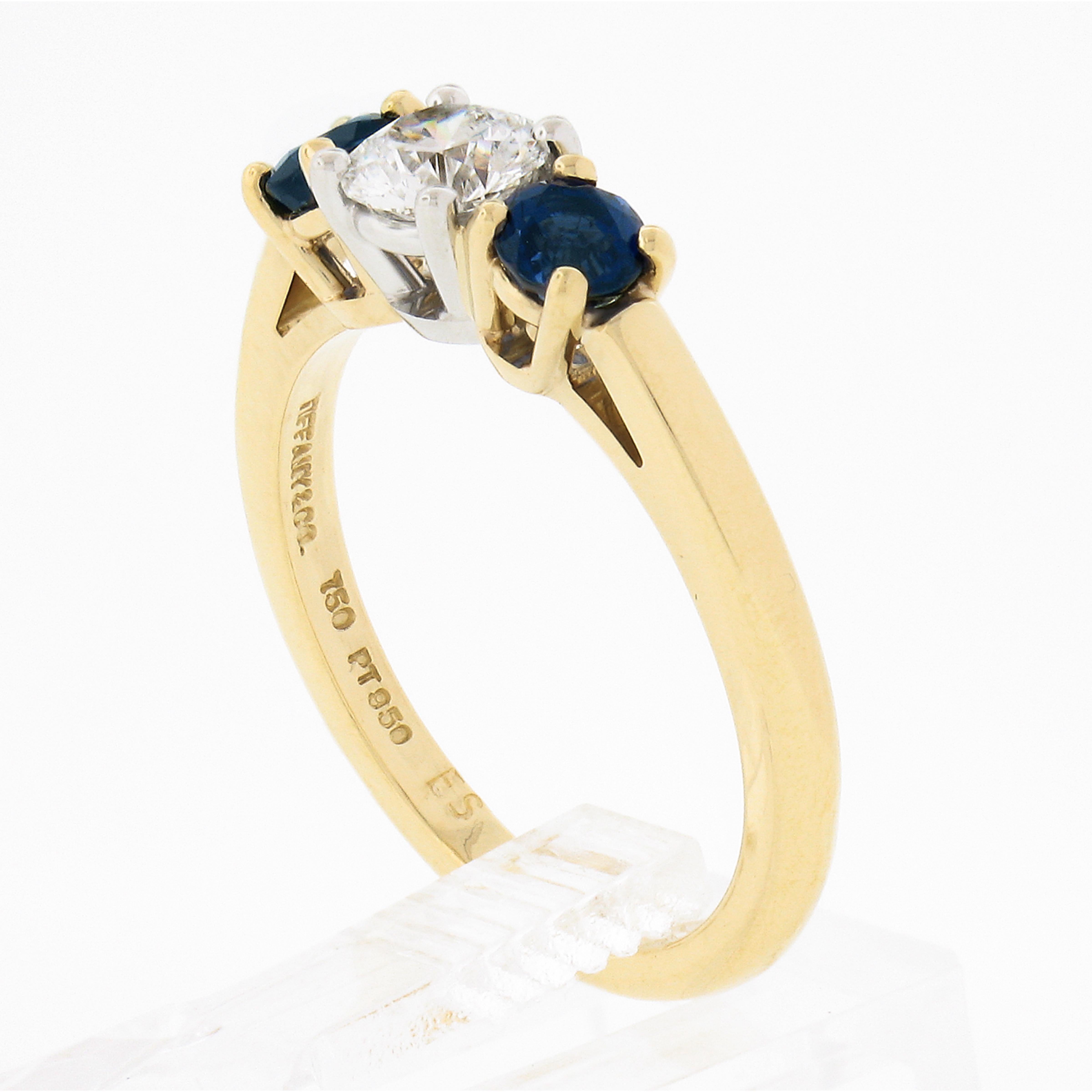 Tiffany & Co. 18k Gold Plat 0.95ct Round Prong Diamond Sapphire Three Stone Ring In Excellent Condition In Montclair, NJ