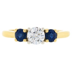 Vintage Tiffany & Co. 18k Gold Plat 0.95ct Round Prong Diamond Sapphire Three Stone Ring