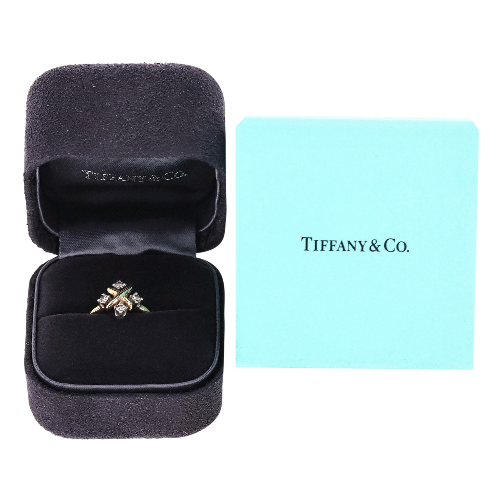 Brilliant Cut Tiffany & Co 18K Gold, Platinum & Diamond Schlumberger Lynn Ring For Sale