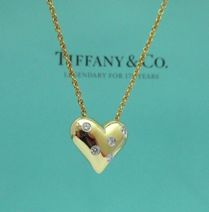 Round Cut TIFFANY & Co. 18K Gold Platinum Etoile 5 Diamond Heart Pendant Necklace