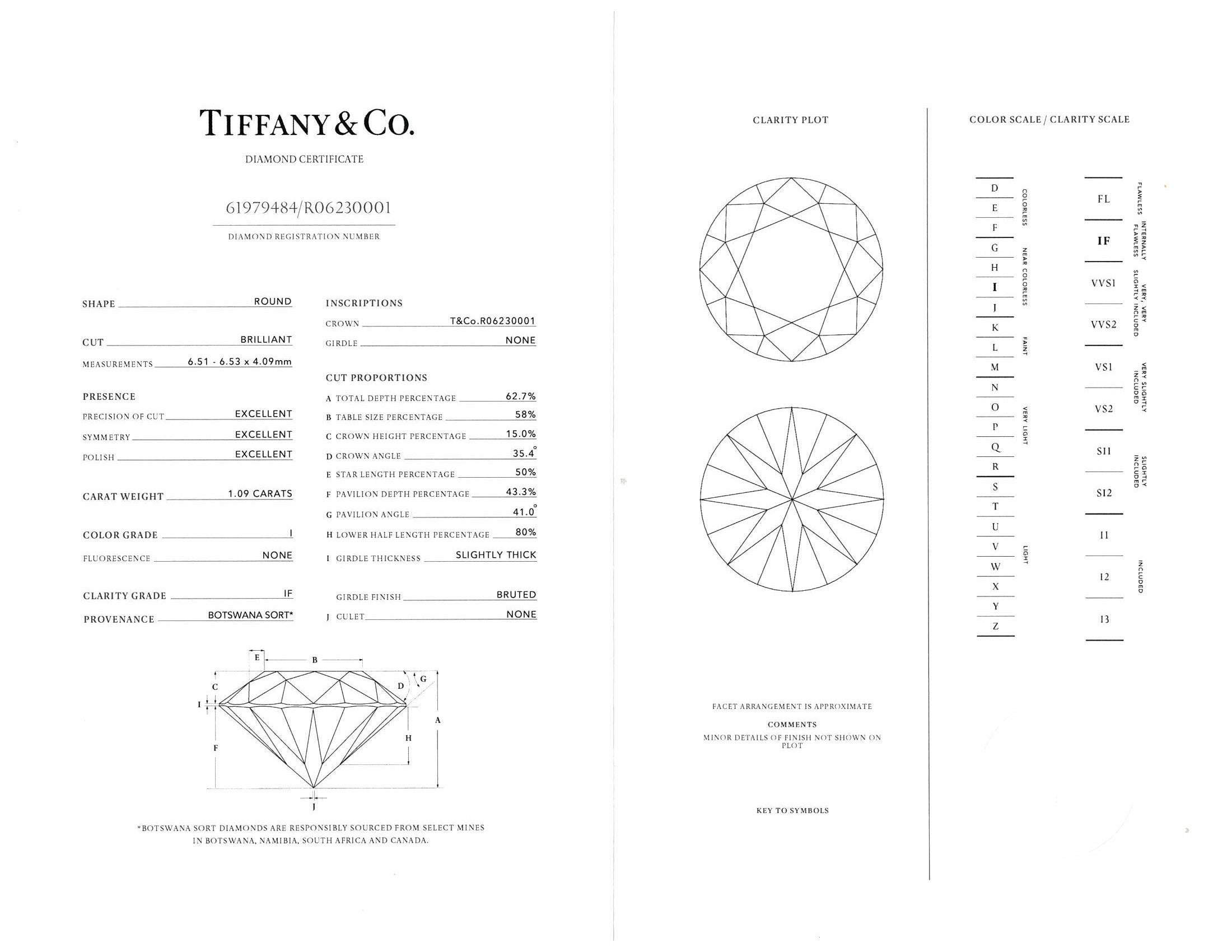 Tiffany & Co. 18k Gold Platinum Round Diamond 1.09ct I IF Engagement Ring 4