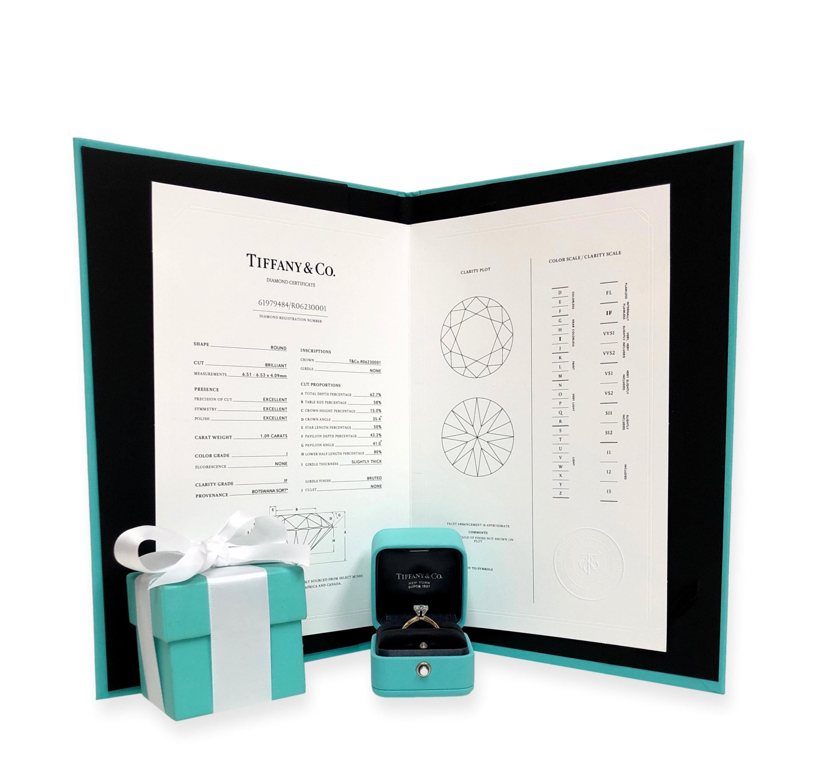 Tiffany & Co. 18k Gold Platinum Round Diamond 1.09ct I IF Engagement Ring 2