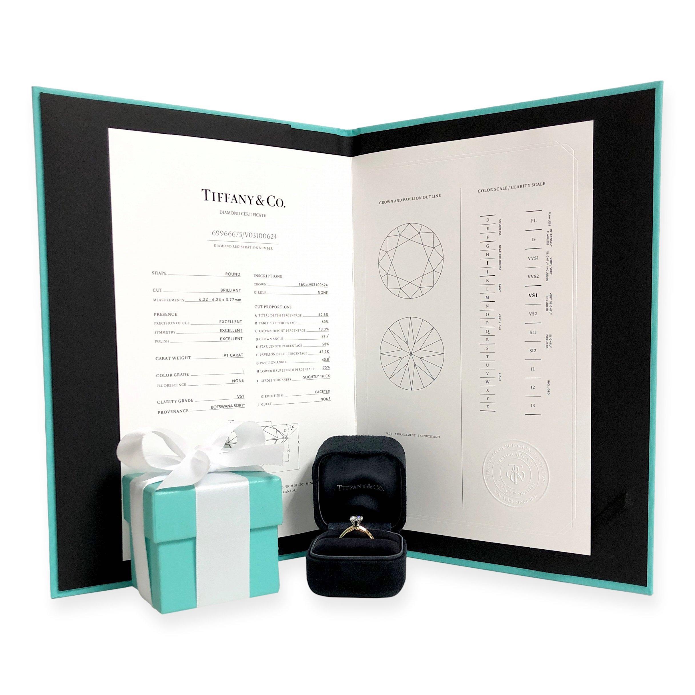 Tiffany & Co. 18k Gold Platinum Round Diamond Engagement Ring .91Ct IVS1 3