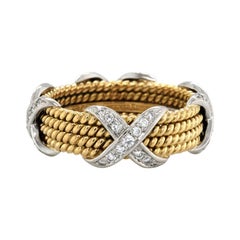 Tiffany & Co. 18K Gold Platinum Schlumberger Diamond Rope Four Row X Ring