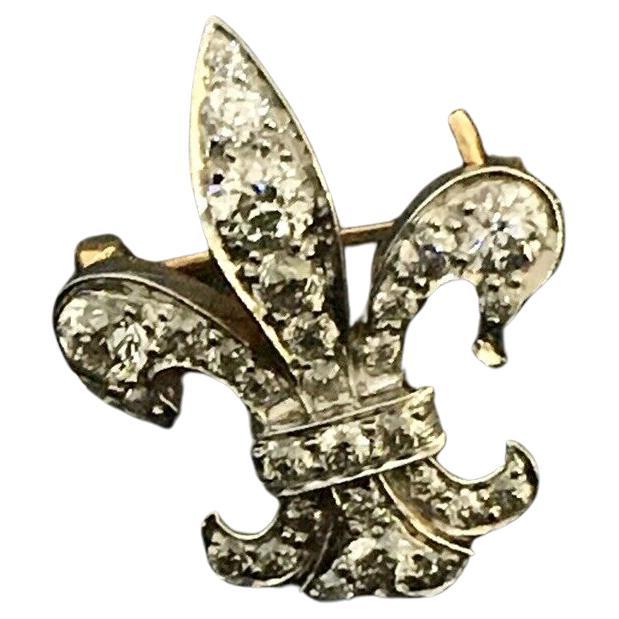 TIFFANY CO 18K Gold Platinum topped Old European Cut Diamond Fleur-de-Lis Brooch For Sale