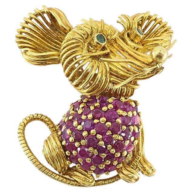 Tiffany & Co. 18K Gold Ruby Emerald Mouse Brooch