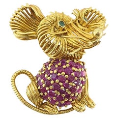 Tiffany & Co. 18K Gold Ruby Emerald Mouse Brooch