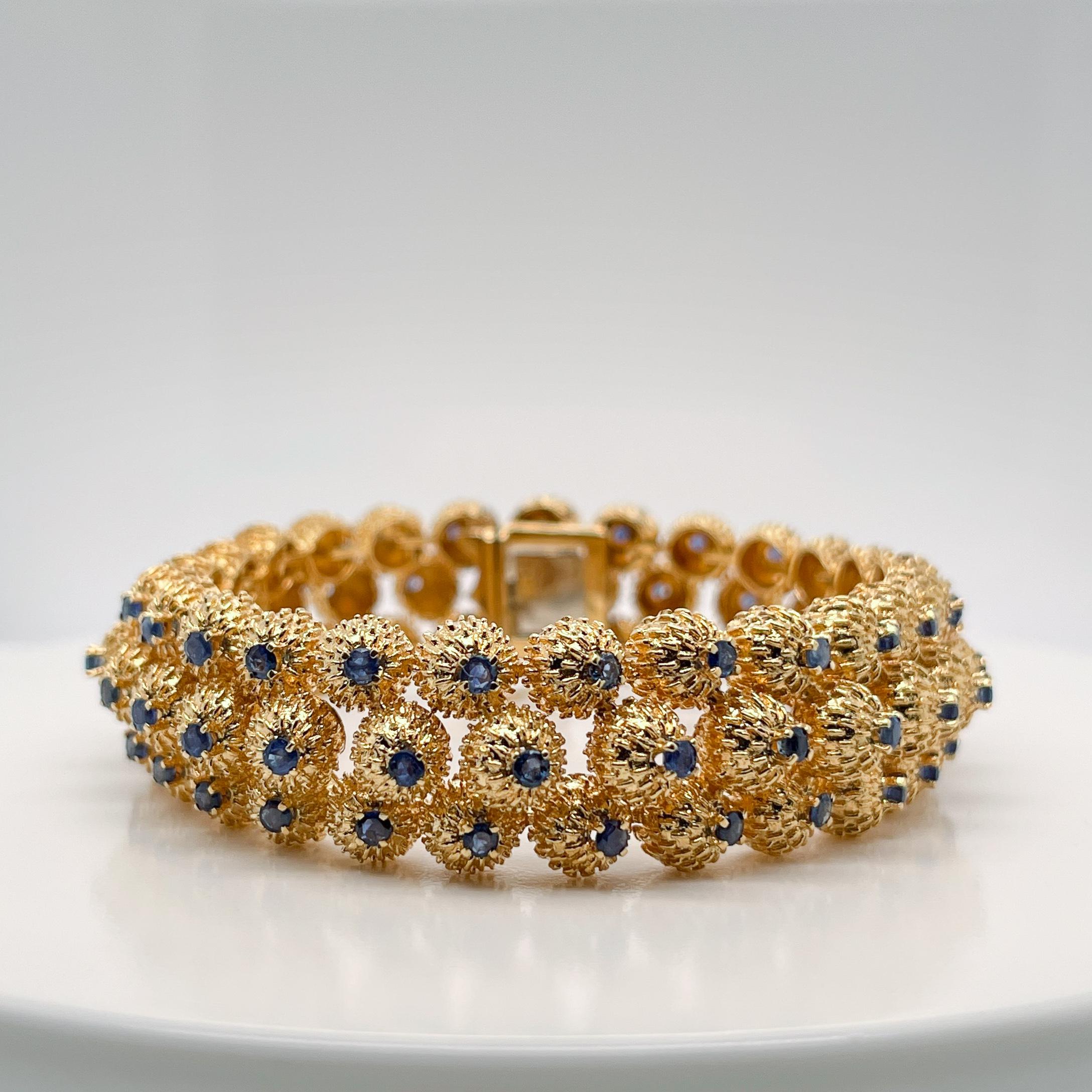 Modern Tiffany & Co. 18K Gold & Sapphire Thistle Triple Row Link Bracelet