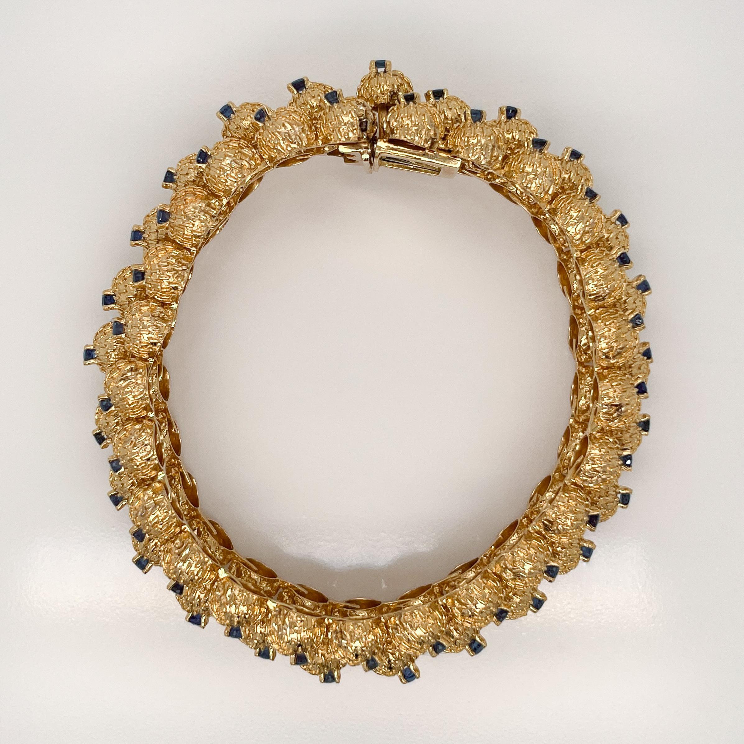 Round Cut Tiffany & Co. 18K Gold & Sapphire Thistle Triple Row Link Bracelet