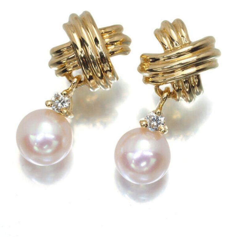 Round Cut TIFFANY & Co. 18K Gold Signature Diamond Pearl Drop Earrings