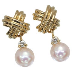 TIFFANY & Co. 18K Gold Signature Diamond Pearl Drop Earrings