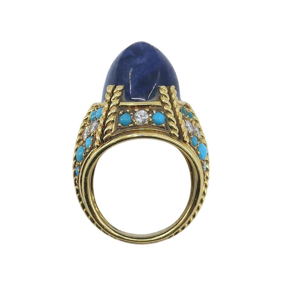 Tiffany & Co. 18k Gold Sodalite Turquoise Diamond French Ring In Good Condition In Beverly Hills, CA