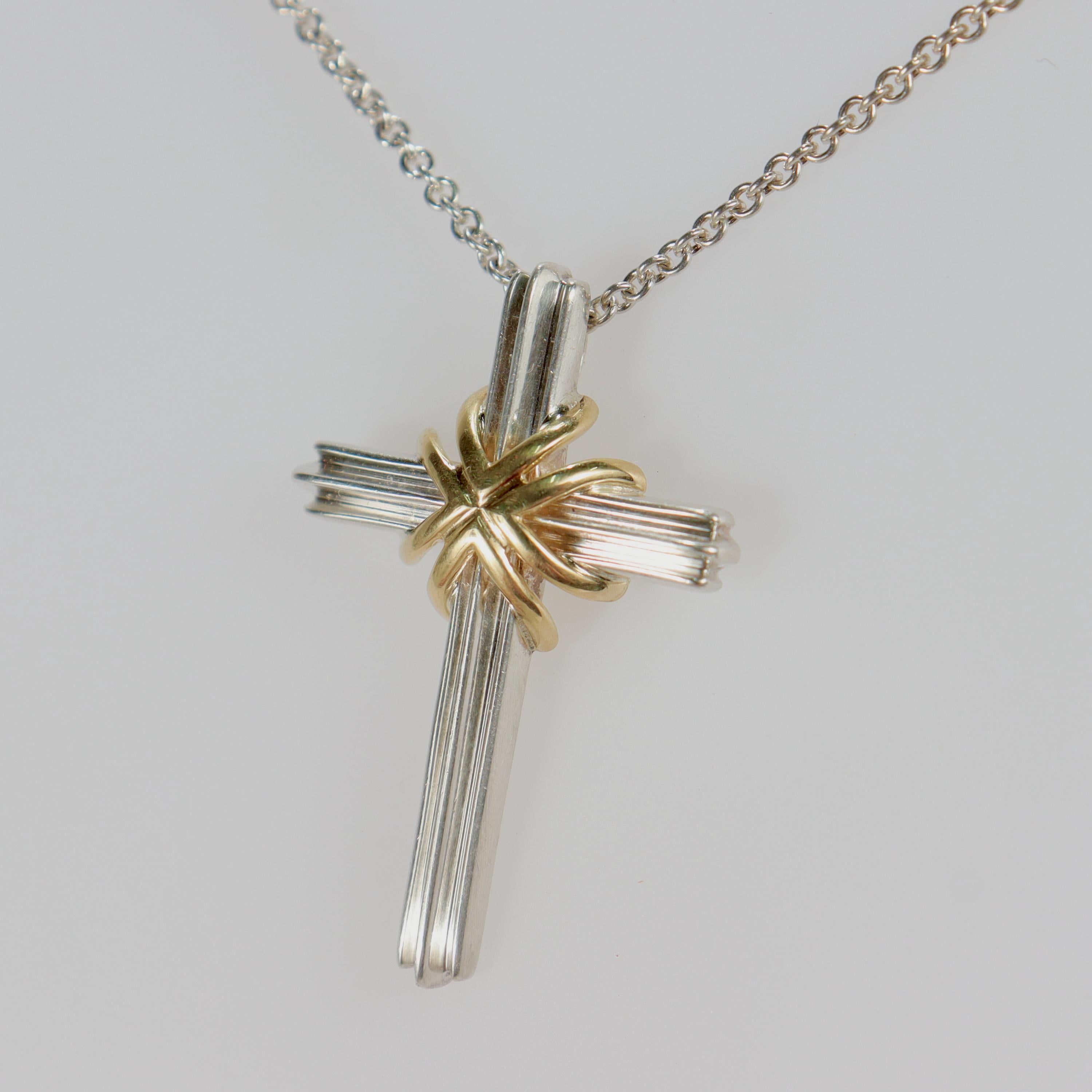 Tiffany & Co. 18K Gold & Sterling Silver Crucifix Cross Pendant & Necklace In Good Condition In Philadelphia, PA
