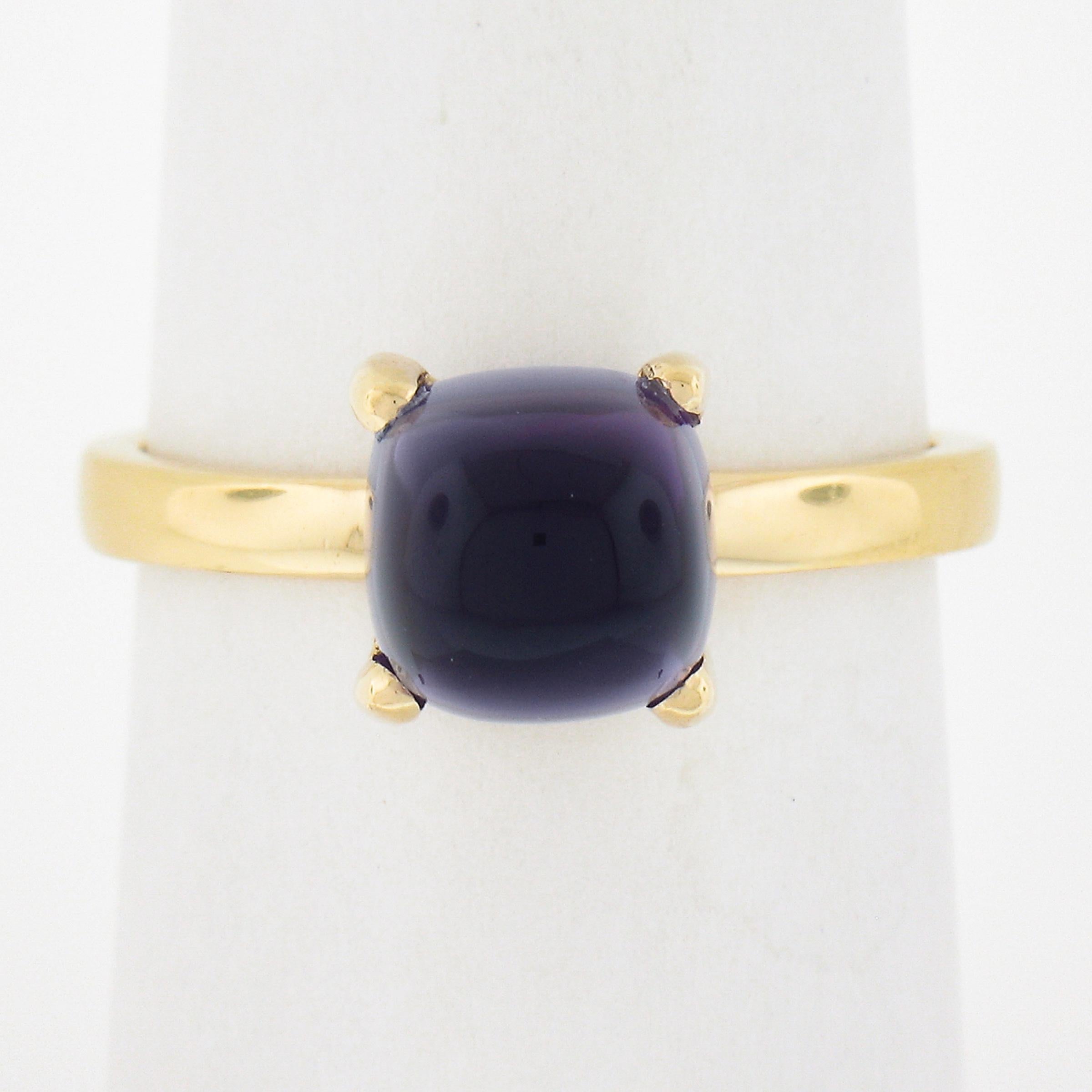 --Stone(s):--
(1) Natural Genuine Amethyst - Cabochon Sugarloaf Cut - Prong Set - Transparent Medium Purple Color 

Material: 18k Solid Yellow Gold
Weight: 4.35 Grams
Ring Size: 7.5 (Fitted on a finger. We can custom size this ring. Please contact
