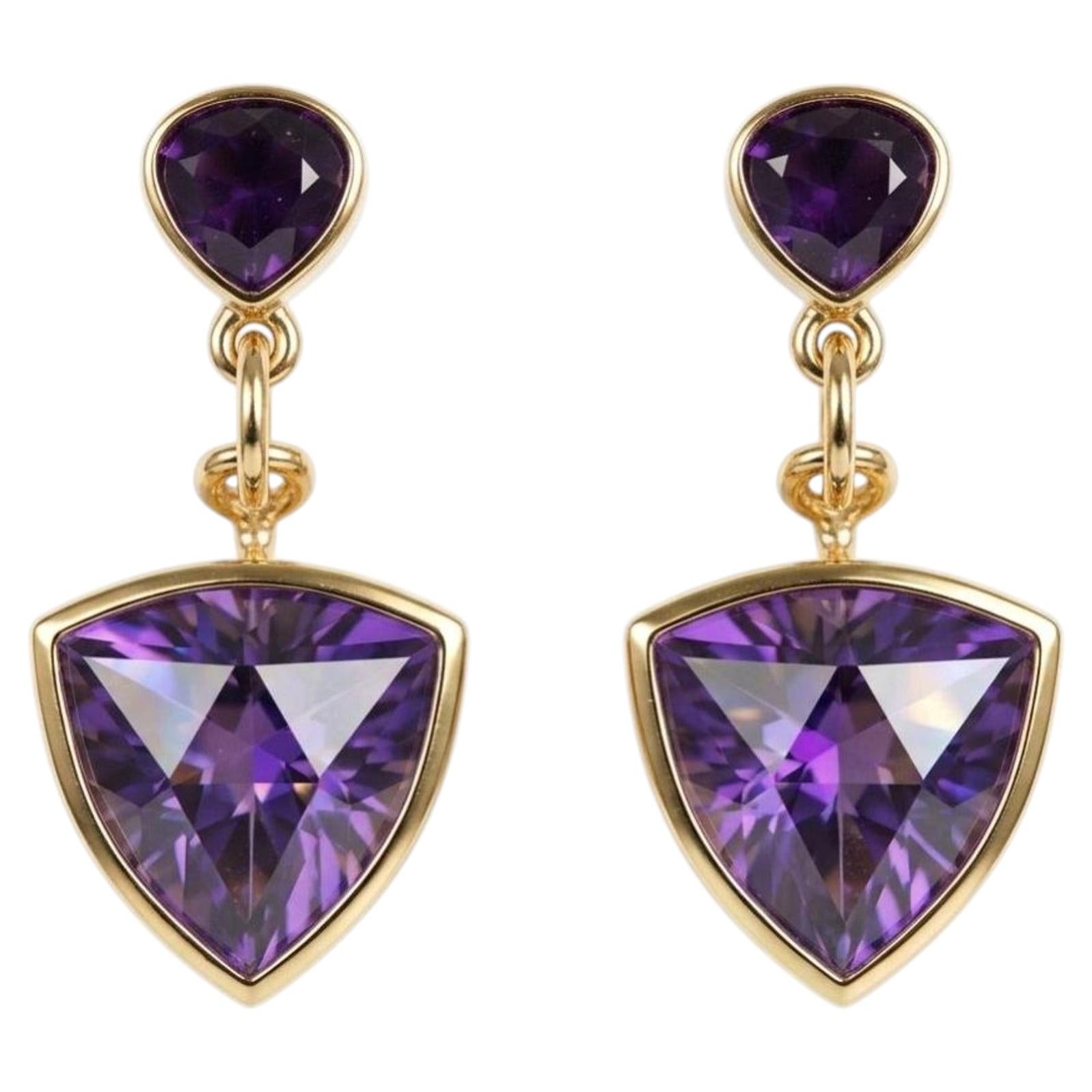 Tiffany & Co 18K Gold Trillion Cut Amethyst Drop Earrings with Double Drops