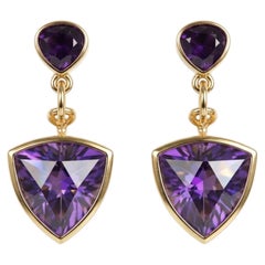 Tiffany & Co 18K Gold Trillion Cut Amethyst Drop Earrings with Double Drops