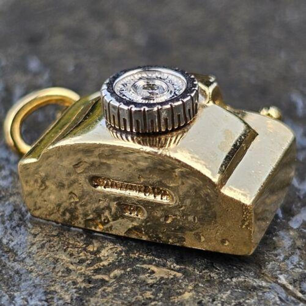 Round Cut Tiffany & Co. 18k Pendant Charm Camera Diamond White Yellow Gold Vintage Rare For Sale