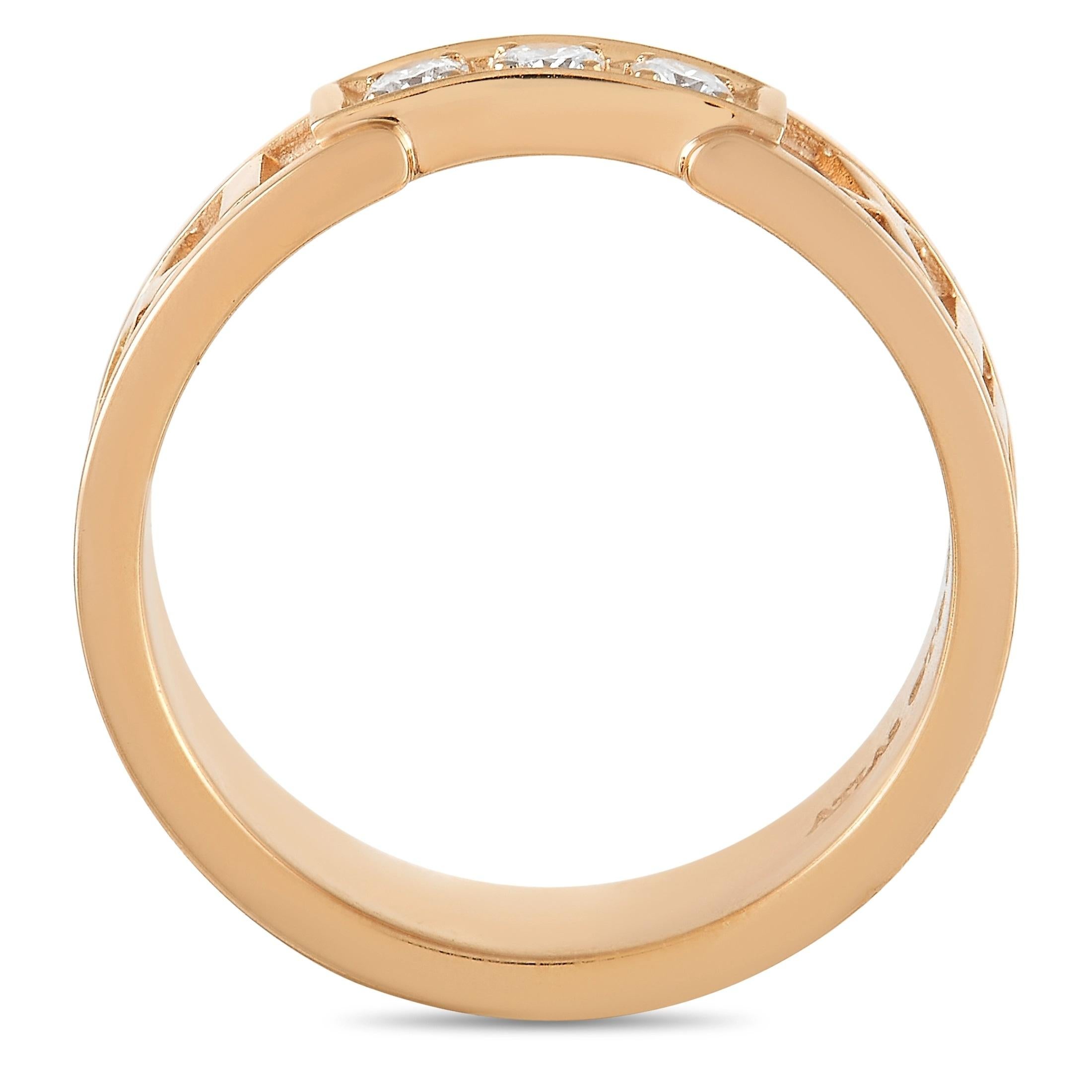 A trio of diamonds totaling 0.20 carats make a statement at the center of this elegant, understated ring from Tiffany & Co. Crafted from 18K Rose Gold, a 5mm band width and a 2mm top height makes it ideal for everyday wear. 
 
 This jewelry piece is