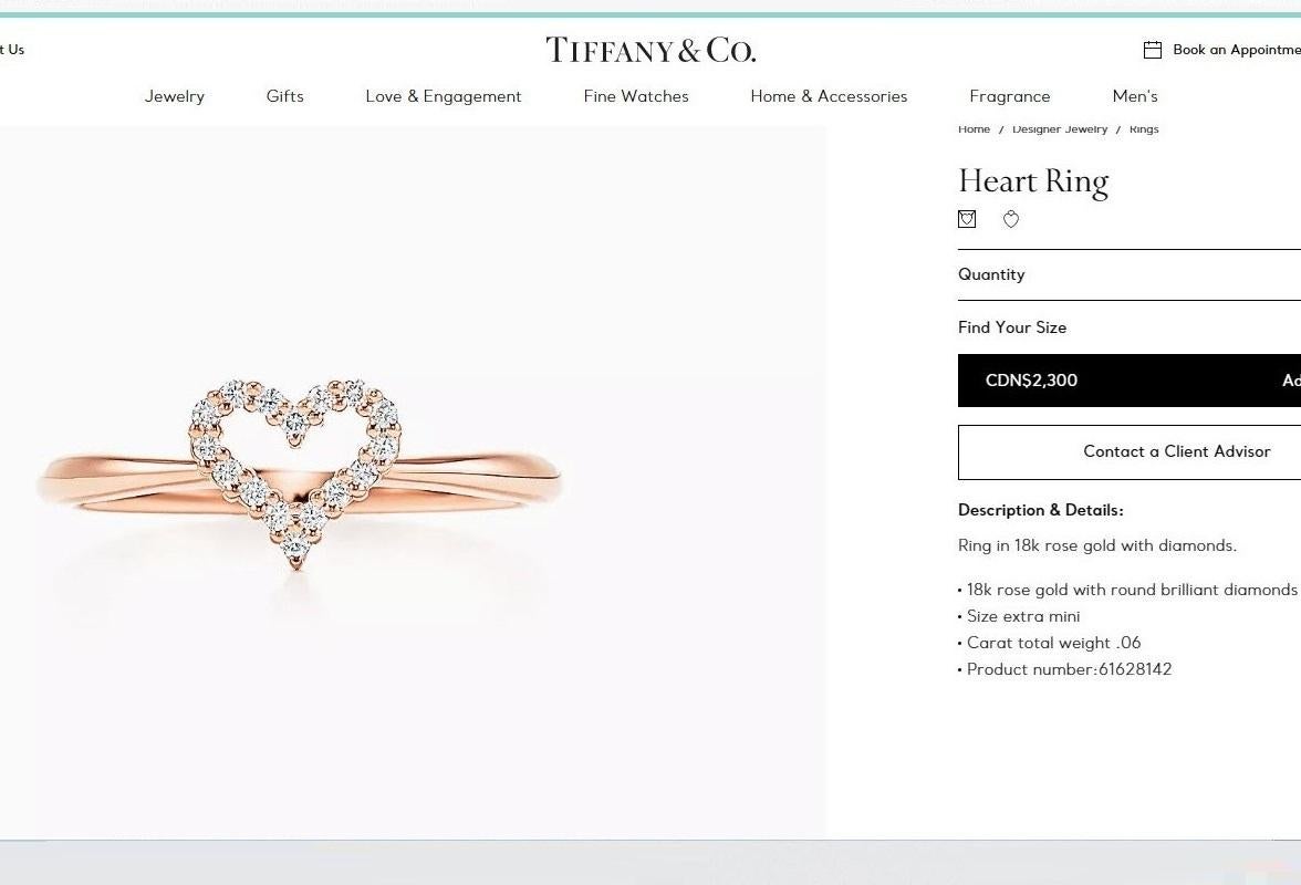 Round Cut Tiffany & Co. 18k Rose Gold .06 Carat Diamond Heart Ring For Sale