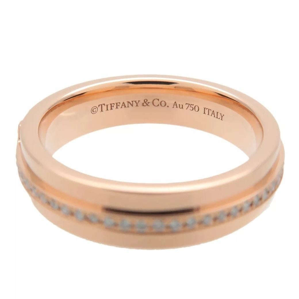 Round Cut TIFFANY & Co. 18K Rose Gold 4.5mm Wide Diamond T Ring 7 For Sale