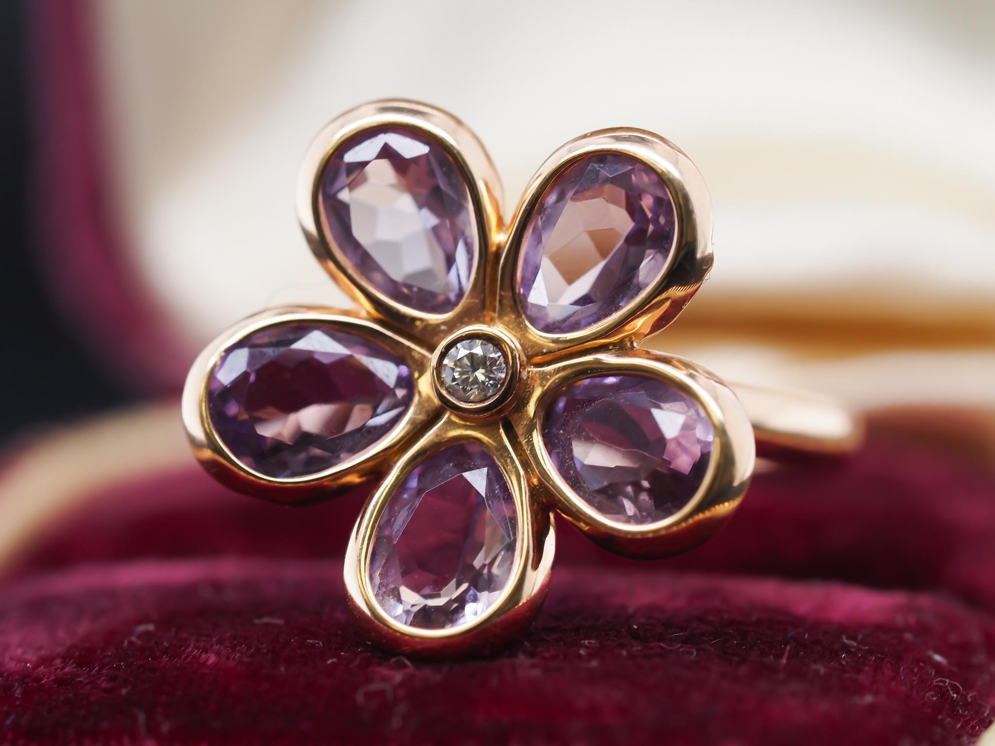 Tiffany & Co. 18K Rose Gold Amethyst and Diamond Flower Ring In Good Condition For Sale In Hicksville, NY