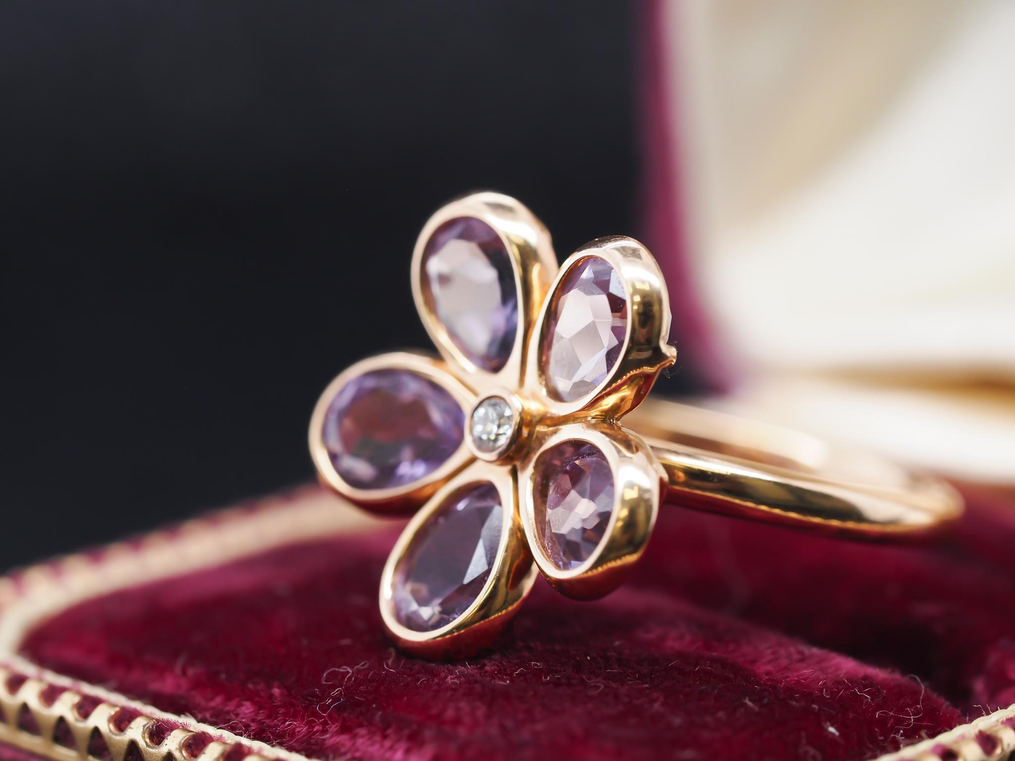 Women's Tiffany & Co. 18K Rose Gold Amethyst and Diamond Flower Ring For Sale