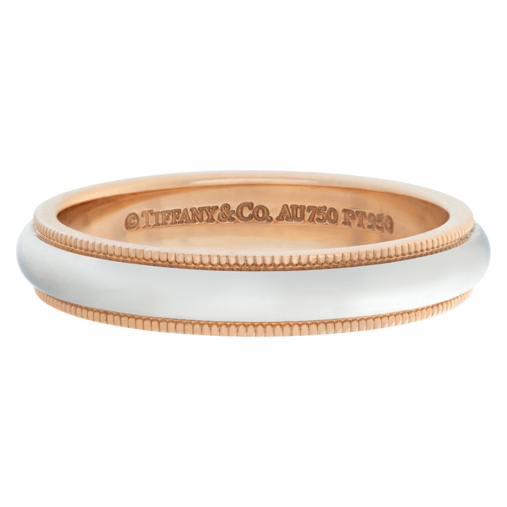 Tiffany & Co. wedding band 18k rose gold and platinum. Comes with Tiffany & Co. receipt. Size 8.5, Circa 2021. 3.8 mm widthThis Tiffany & Co. ring is currently size 8.5 and some items can be sized up or down, please ask! It weighs 4.5 pennyweights